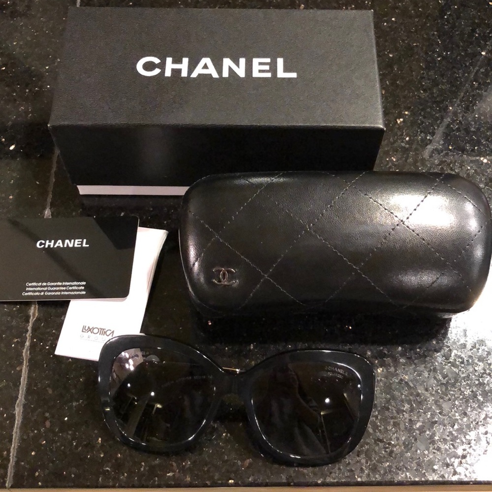 Chanel black polarized sunglasses with pearls